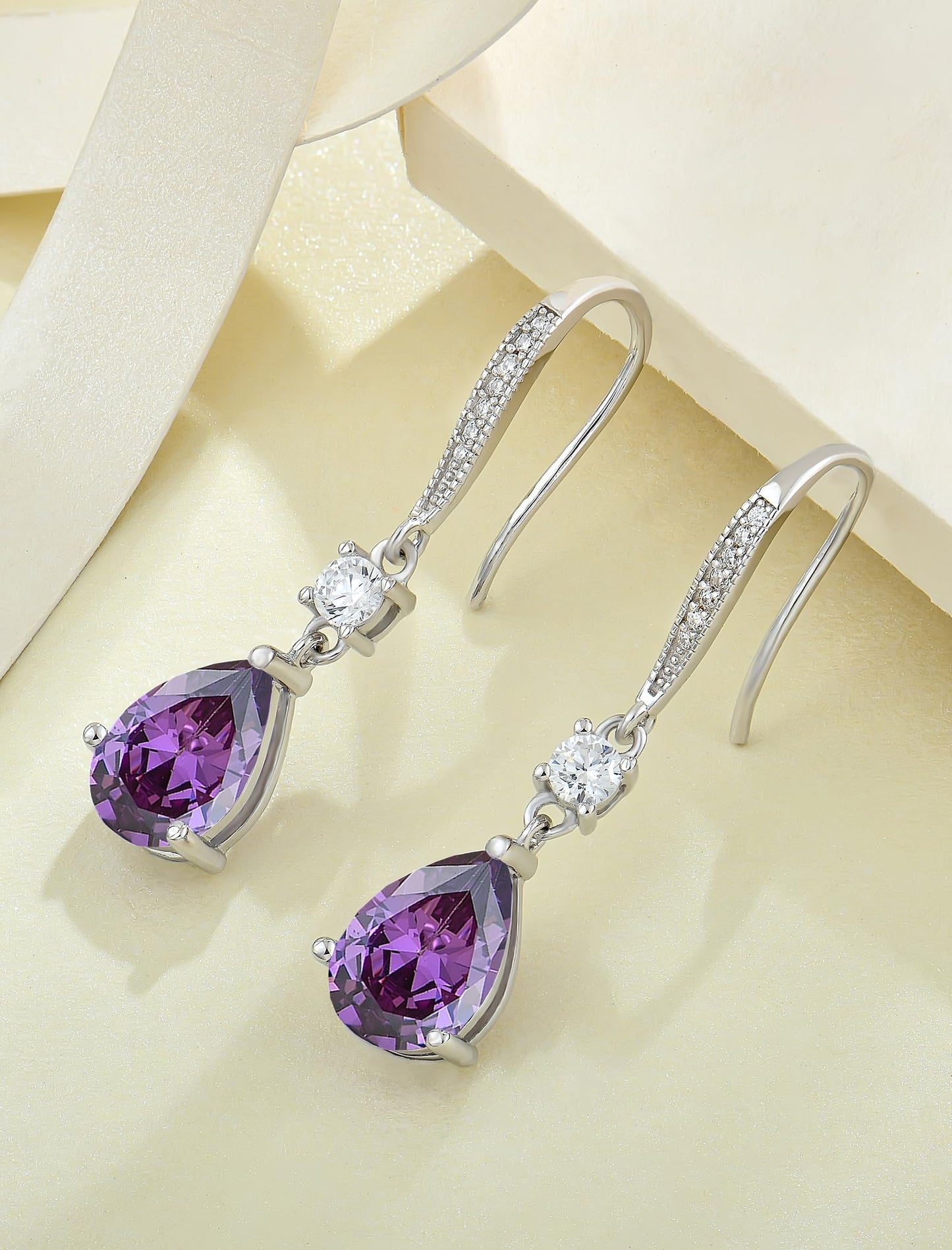 PYNZY Teardrop Dangle Drop Earrings 925 Sterling Silver Earrings with 7x10MM Created Amethyst Birthstones, Dangle Earring for Women Jewelry Gifts