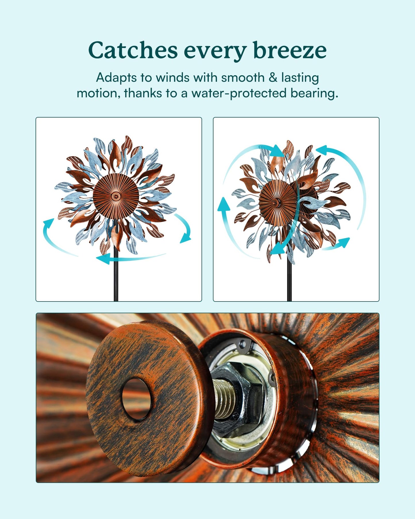 Cyan Oasis Wind Spinners Yard Garden - Large Wind Sculptures & Spinners with Stake, Kinetic Metal Windmill Spinner Decor for Garden Lover (22" W x 83“ H)