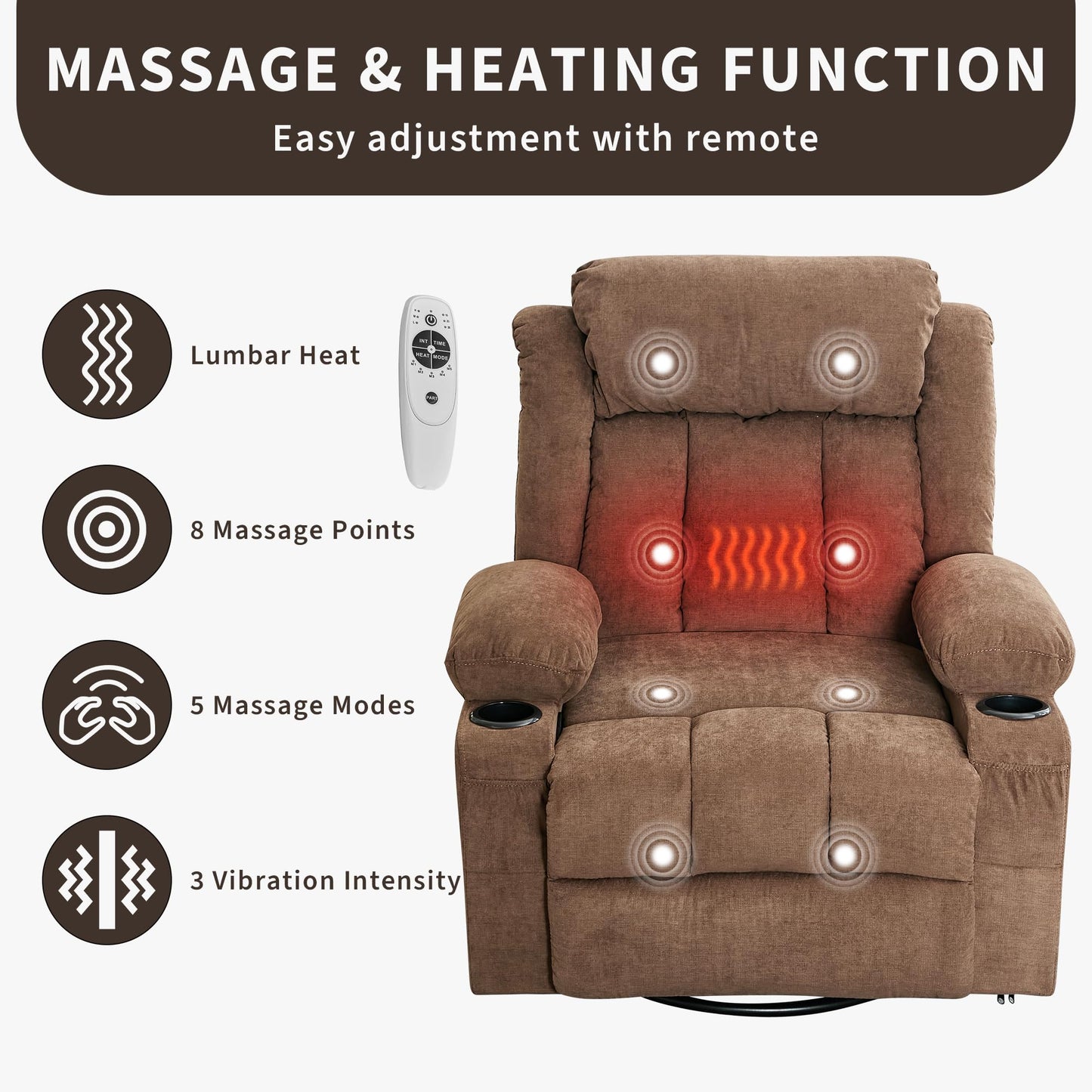 Oversized Manual Rocker Recliner Chair with 360° Swivel – Heat & Massage, Remote Control, Cup Holders, Side Pockets, USB Charging – Large Comfortable Living Room Lounge, Brown, Perch Depth 57CM