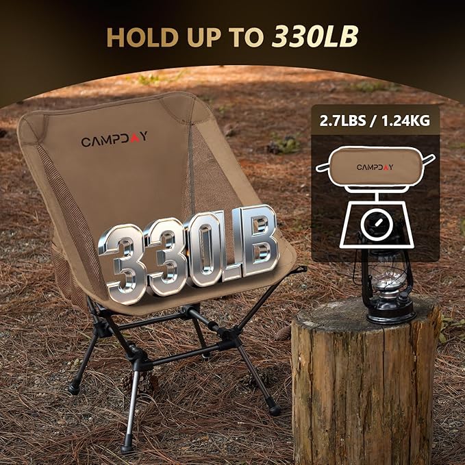 Campday Camping Chair Portable Hiking Ultralight Backpacking Small Lightweight Folding Chair for Outdoor Camp Hunting Beach Picnic Concert, Supports 330lbs (Khaki,1PCS)