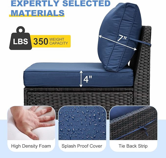 SunloungeCo Patio Furniture Set, 10 Pieces Outdoor Couch Sofa with Wider Armrests & Glass Coffee Table, Outdoor Sectional Furniture with Thick Cushions for Party, Poolside,Garden-Navy