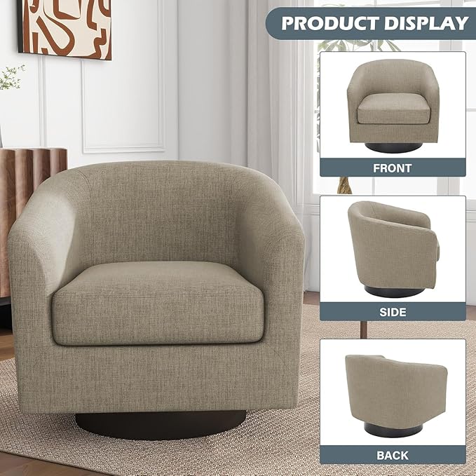 UIXE Swivel Barrel Accent Chairs Set of 2, Fabric Upholstered Armchair Modern Round Club Arm Chair for Living Room, Comfy Single Sofa Seating Bedroom Side Reading Seat for Home Office - Light Brown