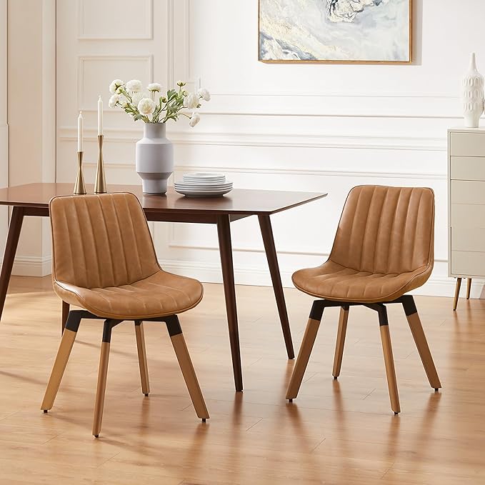 Art Leon Swivel Dining Chairs Set of 2, Mid Century Modern Kitchen Dining Room Chairs, Upholstered Faux Leather Armless Side Chair with Wood Legs for Living Room Bedroom, Yellow Brown