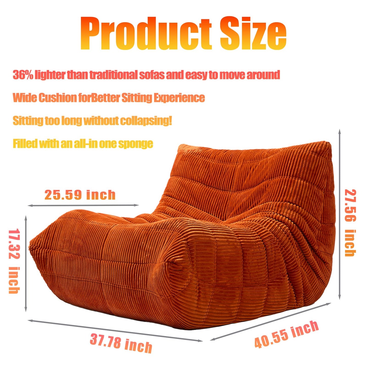 CXC Orthopedic Memory Foam Bean Bag Chair - Fireside-Ready Floor Sofa with Non-Slip Base for Game Room, Cozy Living Rooms & Back Pain Relief (Valencia-Orange, Velvet)