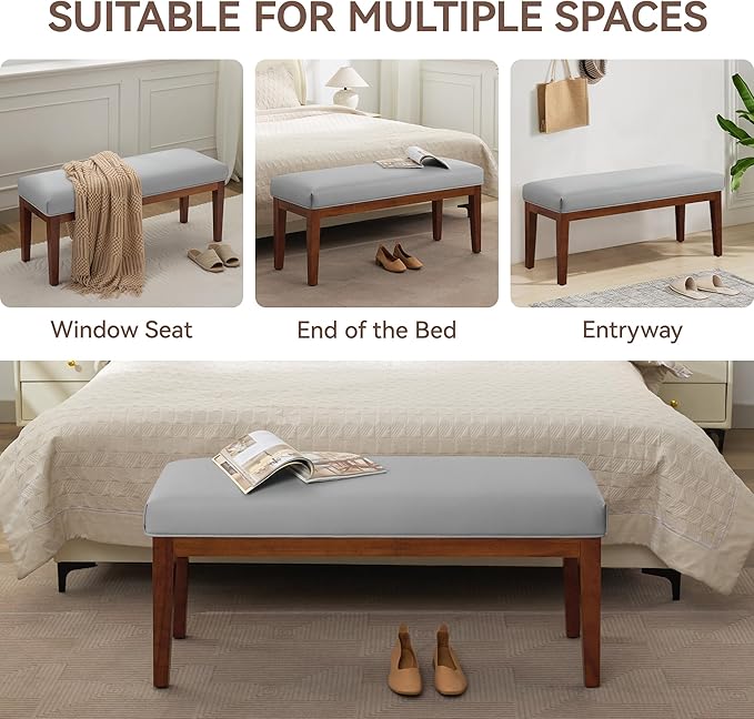 WUTUTUEE 43.5'' Faux Leather Bedroom Bench, Upholstered End of Bed Bench, Padded Vintage Dining Bench, Entryway Bench with Solid Wood Legs, Kitchen, Living Room, Hallway, Grey