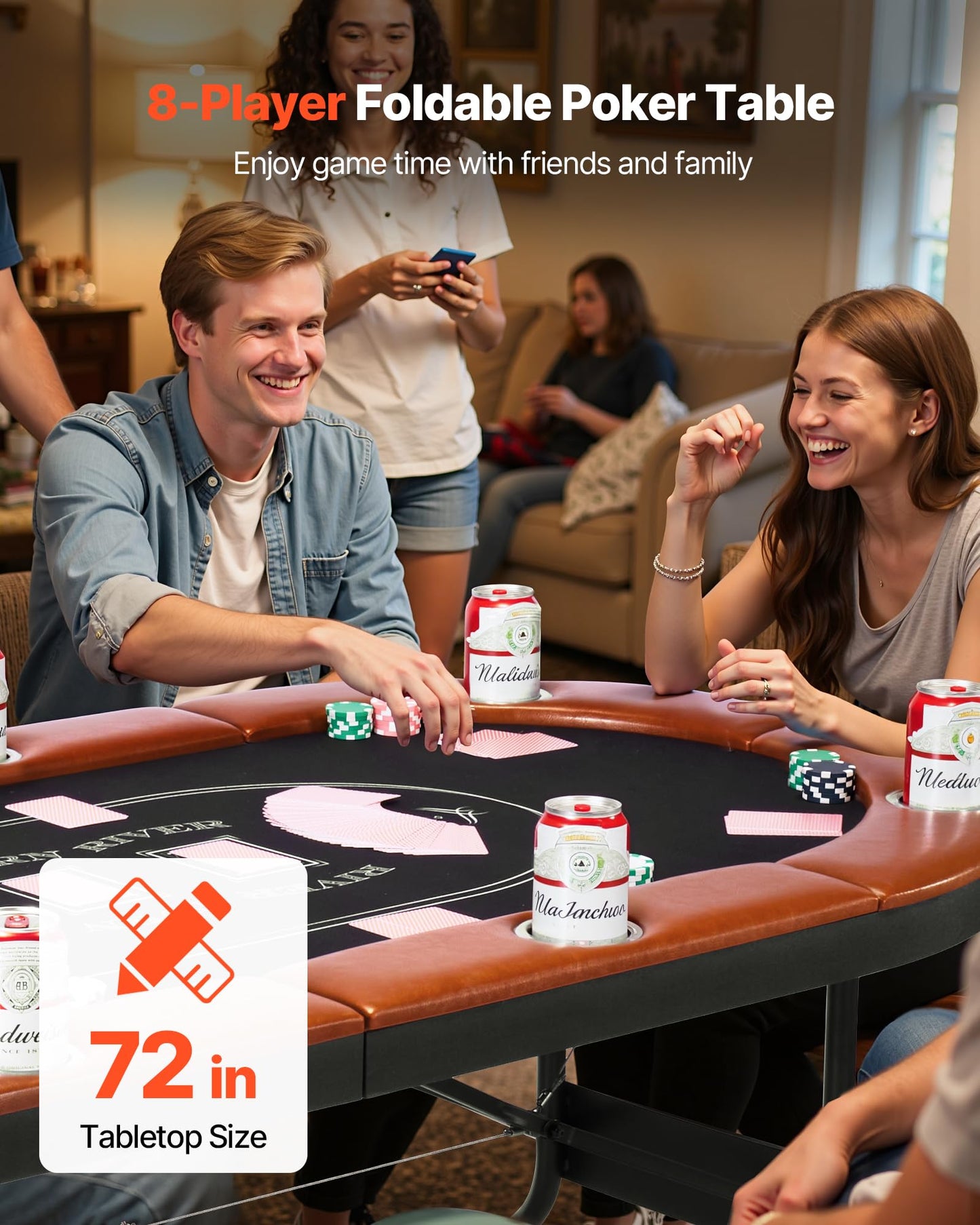 VEVOR Foldable Poker Table, 8 Player 72 in Folding Casino Leisure Table with Padded Rails and Cup Holders, Oval Portable Game Tables with Felt & Metal Legs, for Texas Hold'em Game and Blackjack