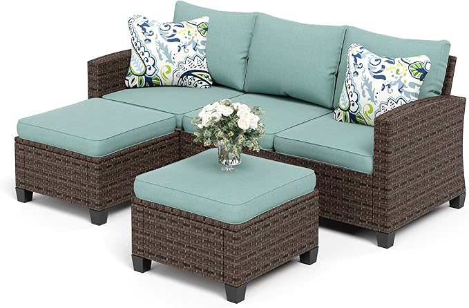 SUNSHINE VALLEY L-Shaped Outdoor Furniture Set, 5-Seat Couch With 2 Ottomans, Durable Rattan Sofa for Small Patios, Modular All-Weather Use, Blue