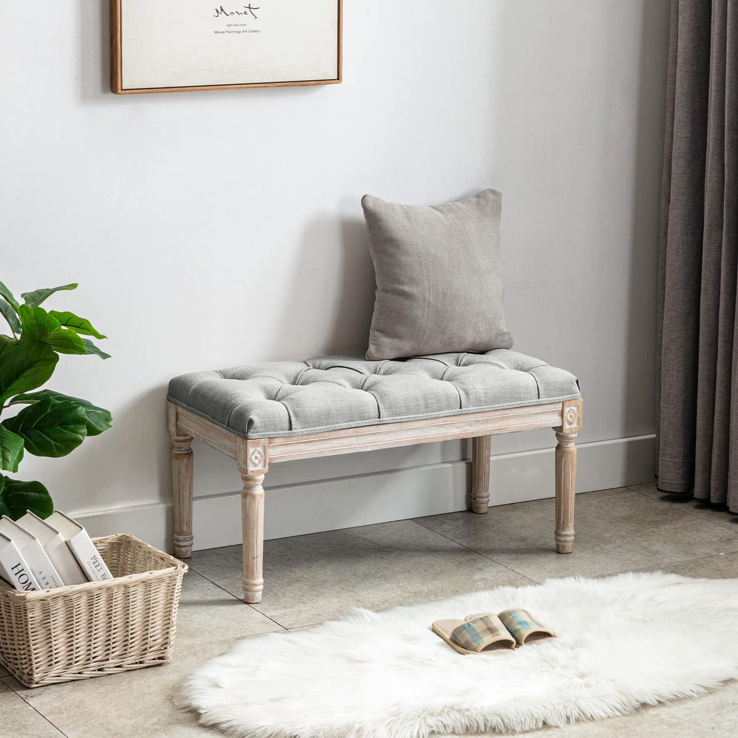 DM Furniture Ottoman Bench Upholstered Fabric Rectangle Entryway Bench, Tufted Piano Bench for 2 People, Rubber Wood Legs with Beautiful Carved Pattern for Bedroom/Living Room/Dining Room (Grey)
