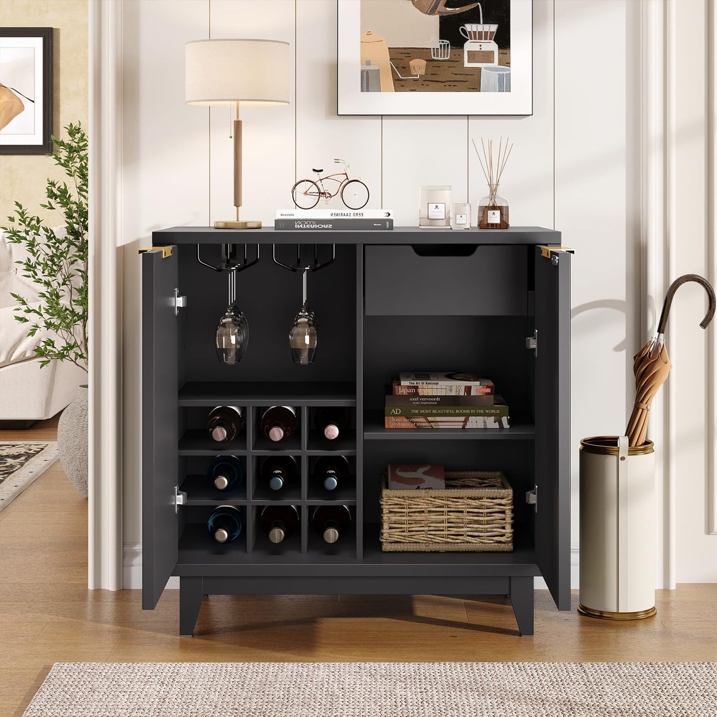 Modern Fluted Coffee Bar Cabinet with Removable Wine Rack and Adjustable Shelf, Solid Wood Legs, Multi-Functional Sideboard Buffet for Kitchen, Dining Room, Living Room, Entryway, Black