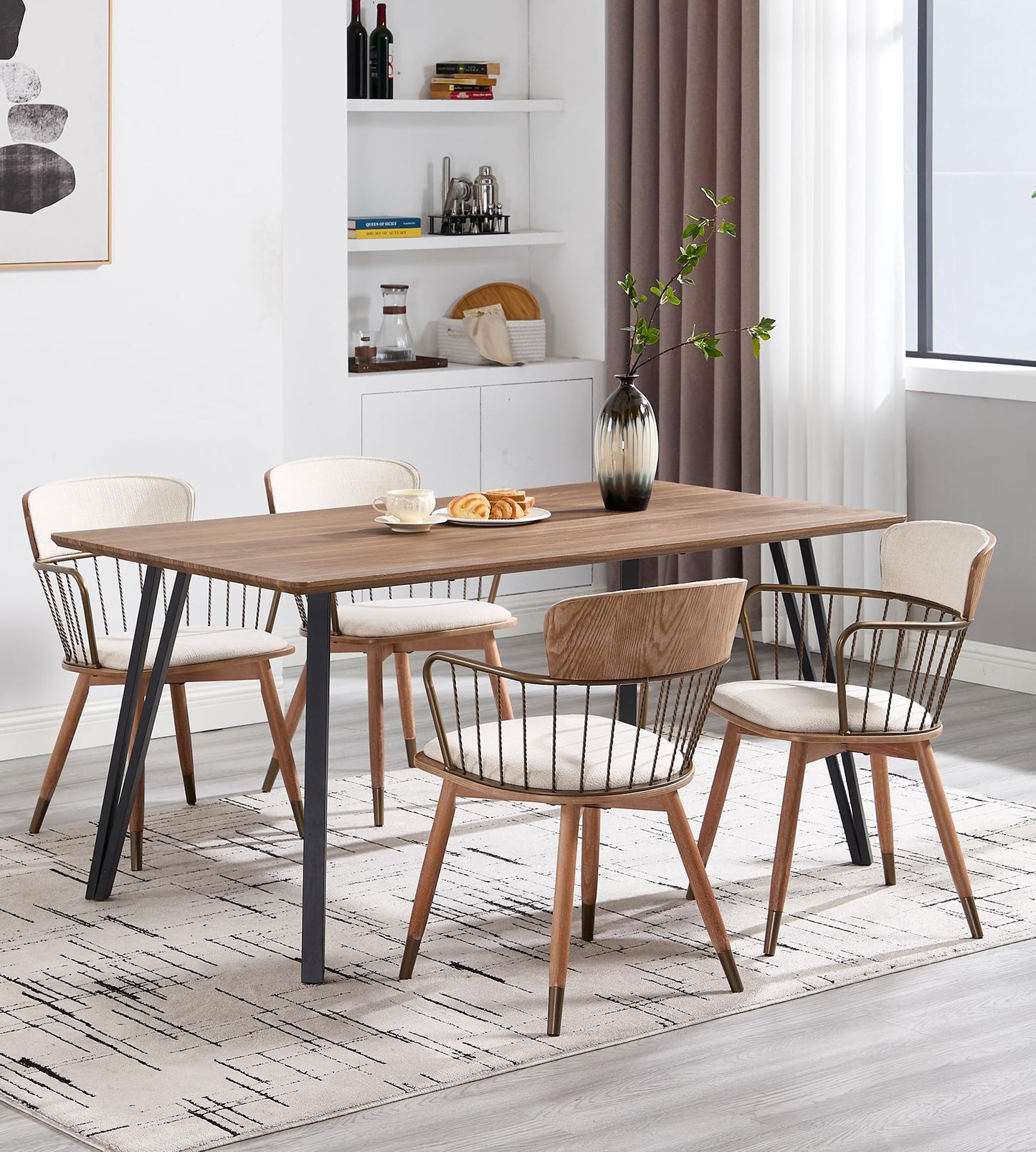 Linen Upholstered Dining Room Chairs Set of 2, Spindle Back Wooden Chairs, Mid Century Modern Dining Chairs with Arms & Metal Legs, Industrial Side Armchairs for Living Room/Restaurant,Beige