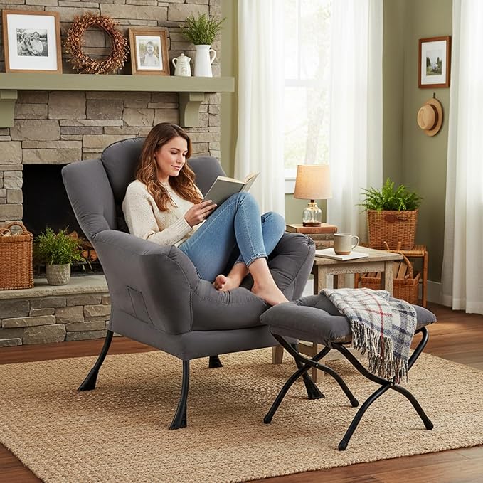Furlide Lazy Chair with Ottoman, Comfy Fabric Accent Lounge Arm Chair with Lumbar Pillow and Folding Footrest, Reading Leisure Sofa Armchair for Bedroom, Living Room, Dorm,Dark Grey
