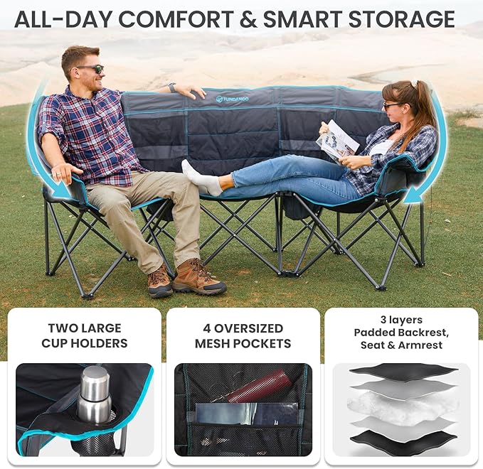 FUNDANGO Extra Wide 3 Person Camping Chair for Adults with Cooler, 1000 LBS Heavy Duty Oversized Camp Couch, Padded Folding Seat with Cup Holders for Outdoor, Sports & Lawn
