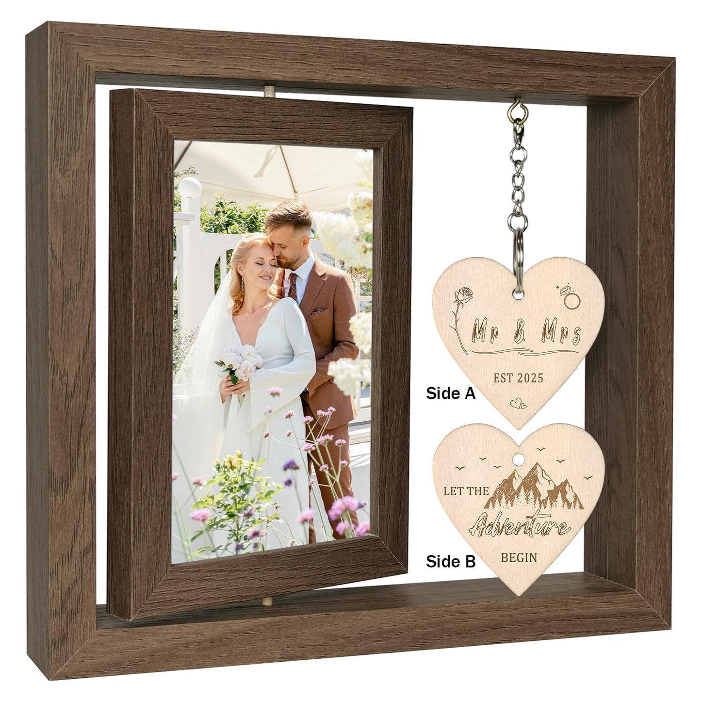 EYITUPC Rotating Floating Mr & Mrs EST 2025 - Let the Adventure Begin Picture Frame, Wedding Bridal Shower Gifts for Bride Newlywed Couples, Display Two 4x6