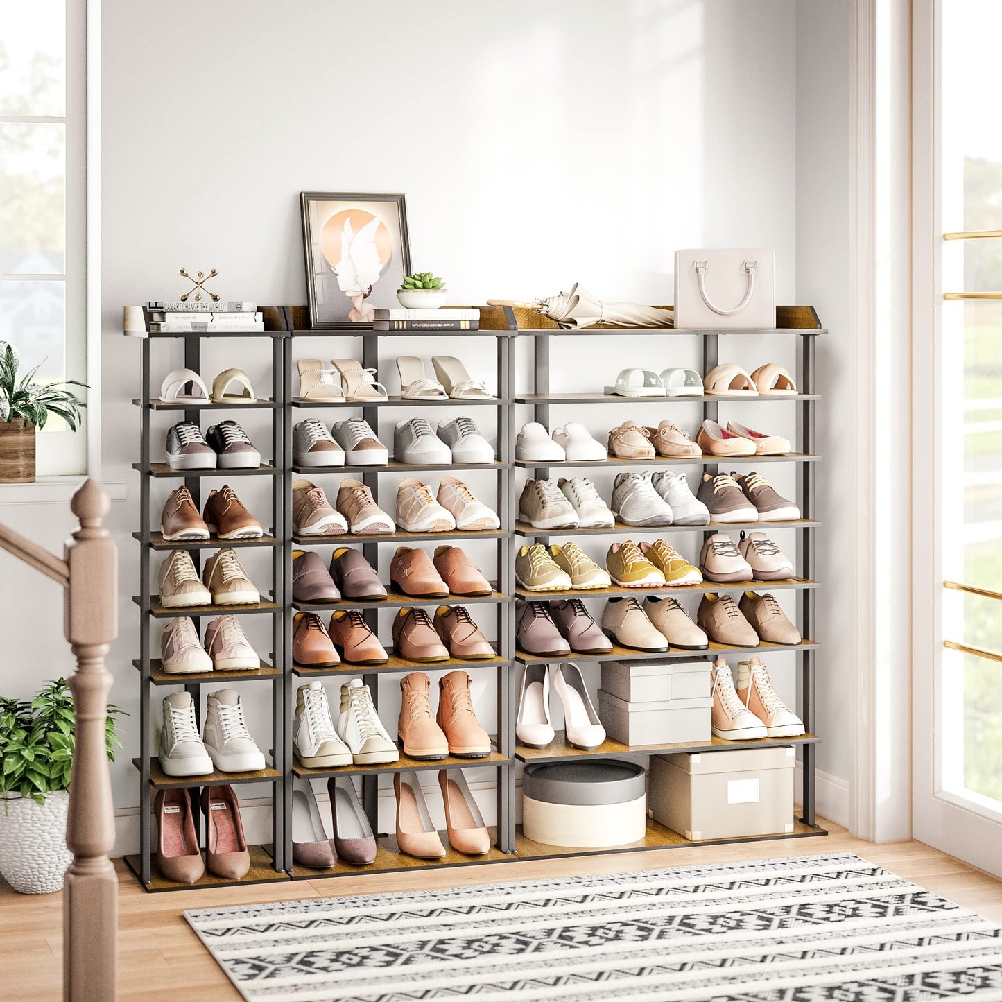 Mondeer Free Standing Shoe Rack, 8 Tier Tall Organizer Shelf for 24 Pairs for Entryway Hallway, Industrial Style Wooden Metal 11" D x 27.6" W x 44.5" H Inches (Rustic Brown)