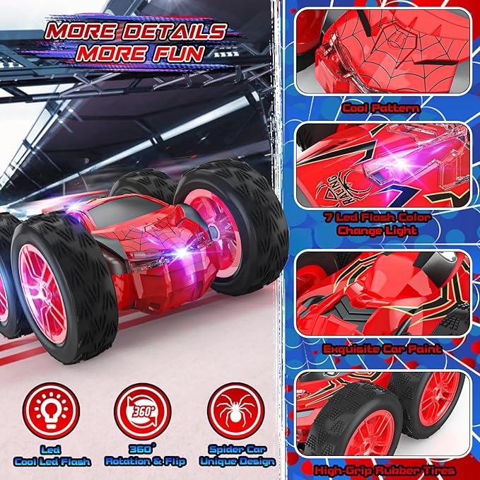 Remote Control Car for Kids, RC Stunt Cars Toys for Boys Ages 4-7 with Cool Double-Sided Pattern and LED Flash, 1:24 Vehicle Toy Car Hobby Racing Car Toys Gift for 3 4 5 6 7 8 9 Year Old Boys