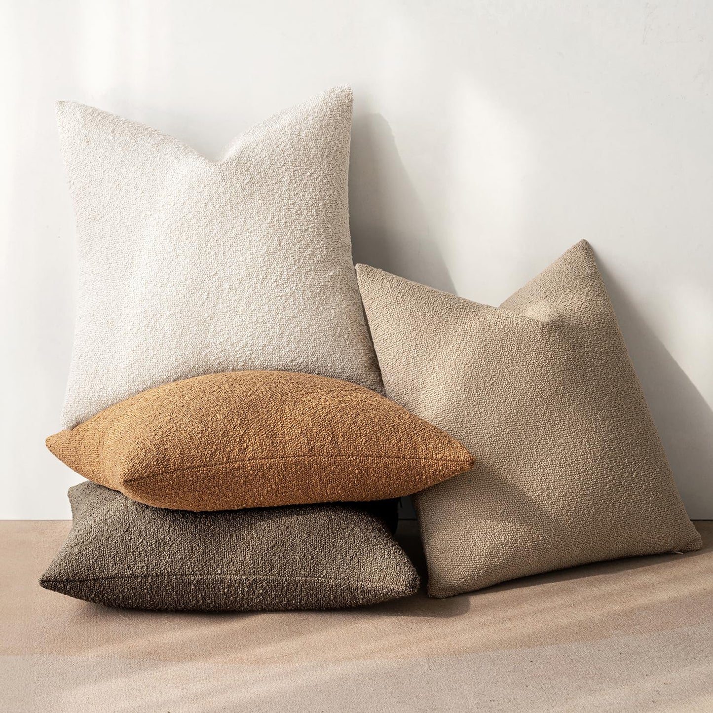 MIULEE Pack of 4 Decorative Textured Boucle Throw Pillow Covers 18x18 Inch Neutral Brown Accent Solid Pillow Cases Couch Cushion Covers for Fall Modern Farmhouse Boho Chair Sofa Bed Room Home Decor