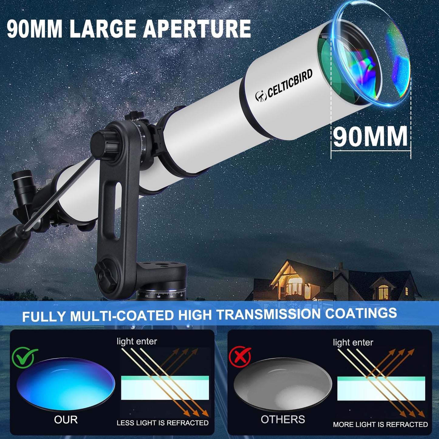 90mm Aperture 800mm Refractor Telescope for Adults High Powered Telescopes for Astronomy Beginners – Professional AZ Mount Tripod, HD Optics, Phone Adapter