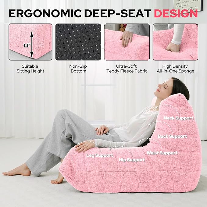 HABUTWAY Bean Bag Chairs Fireside Lazy Floor Sofa, Soft Teddy Fleece Bean Bag Sofa with High-Resilience Foam Filling，Beanbag for Living Room, Bedroom, Office (Pink Teddy)