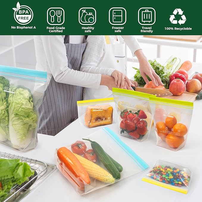 SPLF 24 Pack Reusable Food Storage Bags Dishwasher Microwave Safe, BPA Free Reusable Freezer Bags, Silicone Free Containers for Meal Prep, Fridge Kitchen Organization - 8 Gallon 8 Sandwich 8 Snack