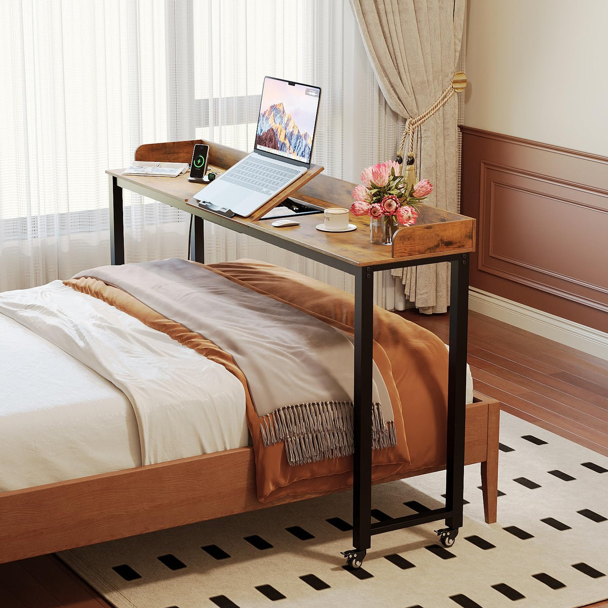 GiftGo Overbed Table with Wheels Portable Rolling Queen Size Mobile Bed Desk with Adjustable Tilt Stand Standing Laptop Cart with Outlets & USB Ports (Rustic Brown, 71 inches)