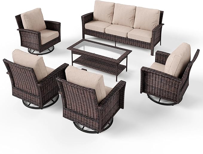 SUNSHINE VALLEY 6 Pieces Patio Furniture Set with Swivel Chairs, High Back Wicker Rattan Sofa with Extra Thick Cushion and Coffee Table, Outdoor Conversation Set for Garden Backyard Deck,Beige
