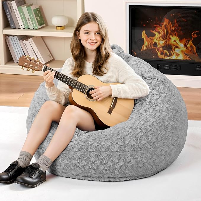 2FT Bean Bag Chair,Giant Bean Bag Chairs for Adults,Big Bean Bags with Memory Foam Filled, Large Beanbag Chairs with Chevron Plush Cover-Light Grey