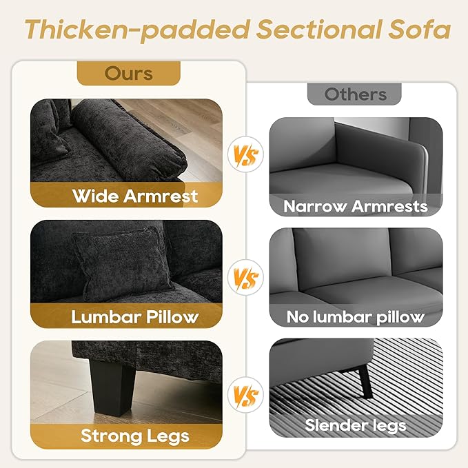 URRED Cloud Couch Modular Sectional Sofa, 116" Modern L Shaped Deep Seat Sofa with Pillows, Ultra Comfy Chenille Corner Couches for Living Room, Bedroom or Apartment, Black