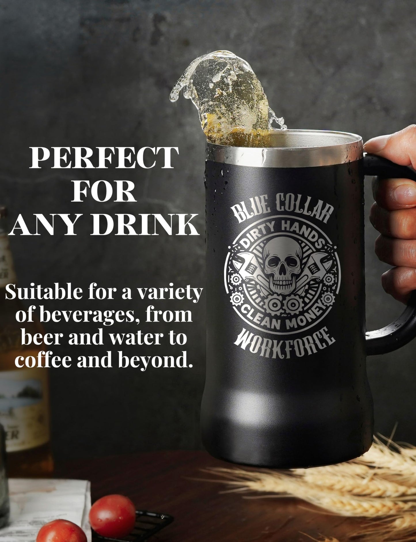 Onebttl Blue Collar Gifts for Men, Boyfriend, Stainless Steel Beer Stein Tumbler, 24oz Beer Mug with Lid for Mechanic, Welder, Construction Worker