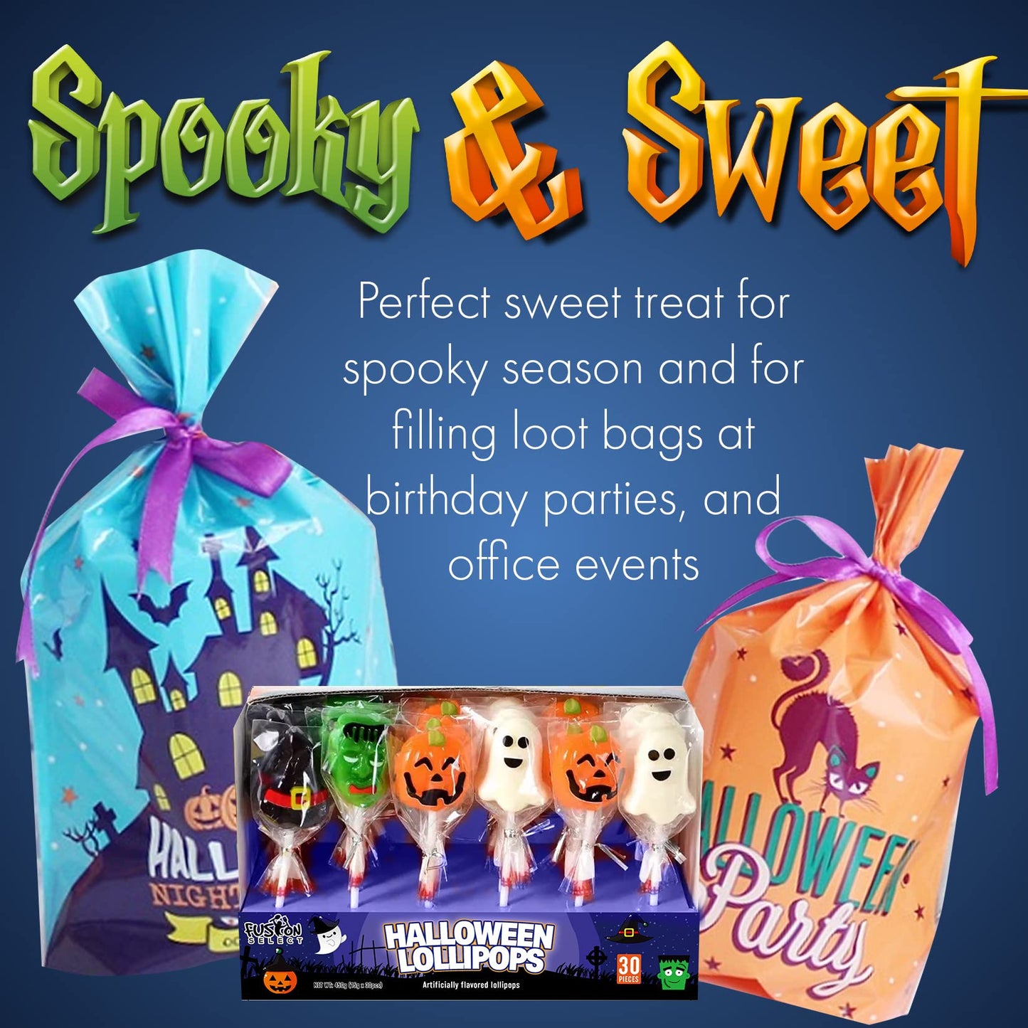 Fusion Select Halloween Candy Lollipops - Halloween Suckers - Trick or Treat Candies for Kids - Frankenstein's Monster, Jack o Lantern, Ghost & Witch Hat Halloween Sweets - Individually Wrapped - 30 Treats Per Box - 2 Packs Total 60 Lollipops