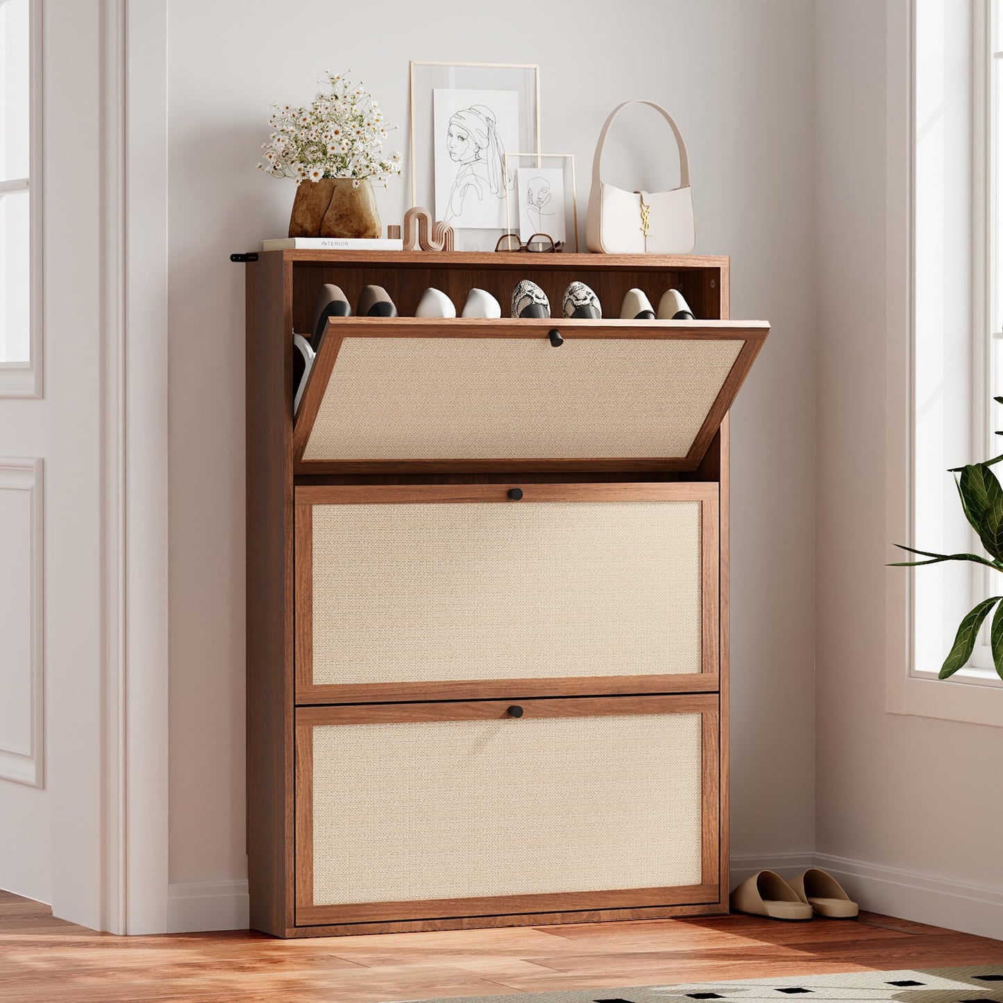 AVZEAR Narrow Shoe Storage Cabinet for Entryway with Natural Linen Panel, Freestanding Slim Shoe Cabinet with 3 Flip Drawers, Wood Shoe Organizer Closed Shoe Rack for Hallway, Living Room(Walnut)