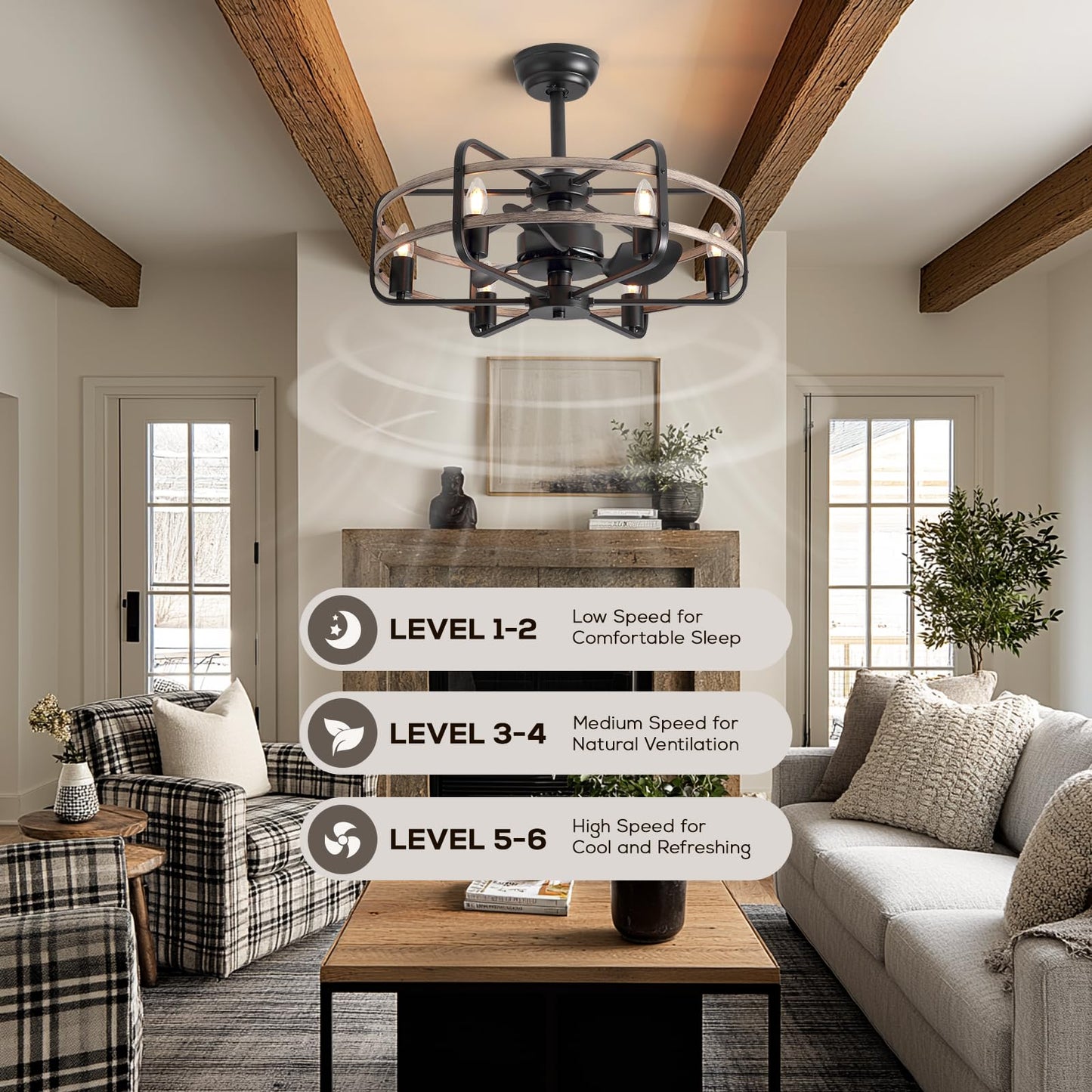 Industrial Caged Ceiling Fan With Lights, 25 Farmhouse Fandelier With Remote Control, 6-Speed Quiet Reversible Motor, E26 Base,