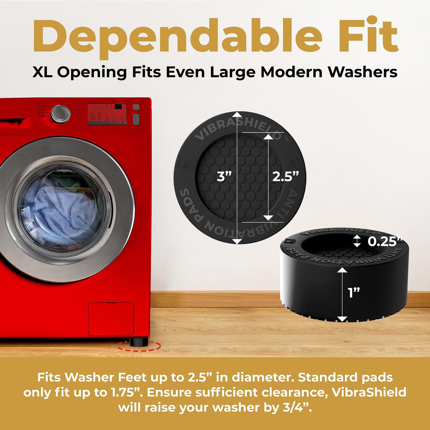 Anti Vibration Pads for Washing Machine with HexaGrip - Stops Washer Dryer Moving, Walking - Prevents Noise, Vibration Transfer - Rubber Antivibration Stabilizer Support Feet Mat - VIBRASHIELD 4 Pack