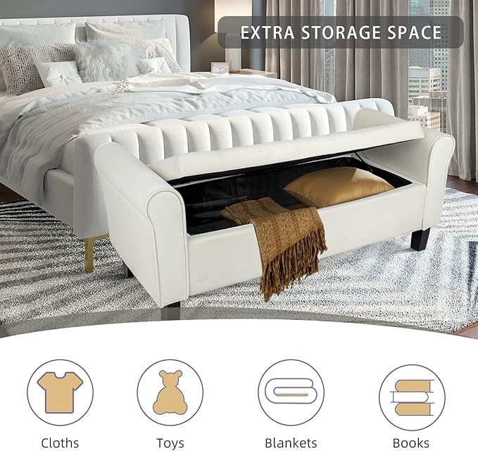 Babion Storage Bench for Bedroom End of Bed, Button Tufted Storage Ottoman Bench 51Inch, End of Bed Storage Bench with Upholstered, Rolled Arm Window Bench Seat with Solid Wood Legs, Beige