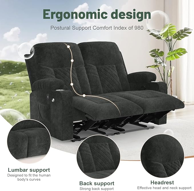 FURNIMAT Loveseat Recliner Sofa, 2 Seater Reclining Loveseat Sofa, Modern Fabric RV Loveseat Couch for Living Room/RV, with USB Ports, Cup Holders, Insert Pockets, Cell Phone Holders, Gray