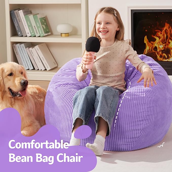 Homguava 2FT Bean Bag Chair,Teardrop Bean Bags Small Beanbag Chair with Memory Foam Filled and Ultra Soft Corduroy Cover for Living Room, Bedroom (Purple)
