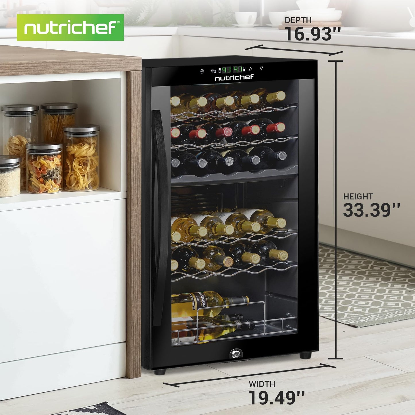 Nutrichef 33 Bottle Wine Fridge | Dual Zone Wine Cooler | Adjustable Temperature Control 41°F to 64°F | Ultra Quiet Operation | Freestanding Wine Chiller for Home & Office | 33x19x17 IN