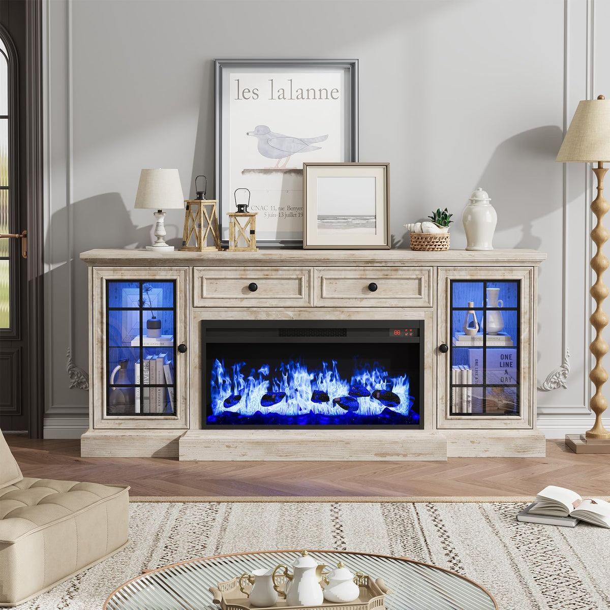 Fireplace TV Stand Up to 80" TVs, 70'' Modern Entertainment Center with 36" Electric Fireplace & LED Lights, Farmhouse Media Console with Storage Cabinet & Drawer for Living Room, Antique Brush Grey