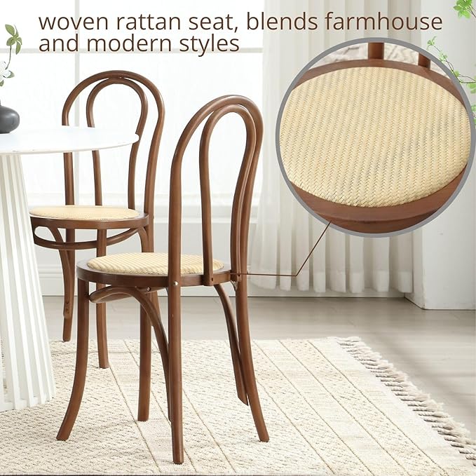 DM Furniture Bentwood Dining Chairs Set of 2 Mid-Century Modern Rattan Kitchen Chair with Backrest, Armless Curved Wood Bistro Chair for Dining/Kitchen Room,Home No Assembly Required, Walnut Wood