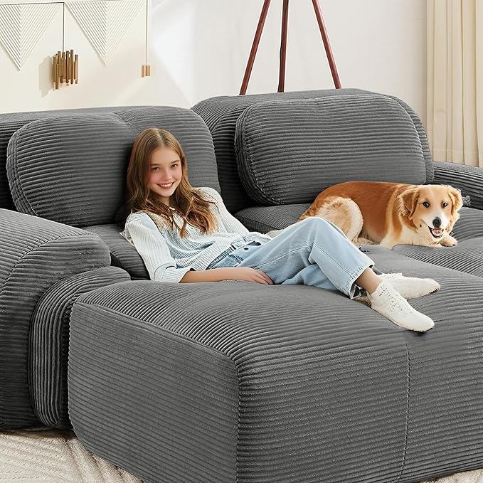 SoarFlash 81” Sectional Cloud Boneless Sofa Couches for Living Room-2 Seater L-Shaped Modern Lounge Couch-No Assembly Modular Corduroy Convertible Sponge Sleeper Sofas with Chaise for Home House,Grey