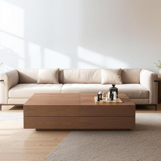 Pajiasen Mid-Century Modern Farmhouse 47.2-81.8" Expandable Coffee Table，Adjustable Center Table with Large Storage for Living Room, Walnut