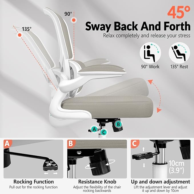 BESTFAIR Office Chair Ergonomic Desk Chair, Breathable Mesh Comfy Chair with Lumbar Support, Computer Chair, Home Desk Chair with Flip-up Armrests, Gaming Chair for Adults Home Office (LightGray)