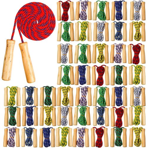 Lenwen 80 Pcs Jump Rope Bulk 7.25 ft Cotton Skipping Rope Adjustable with Wooden Handle for Training Outdoor Exercise Christian Charity Donation Operation Christmas Supplies