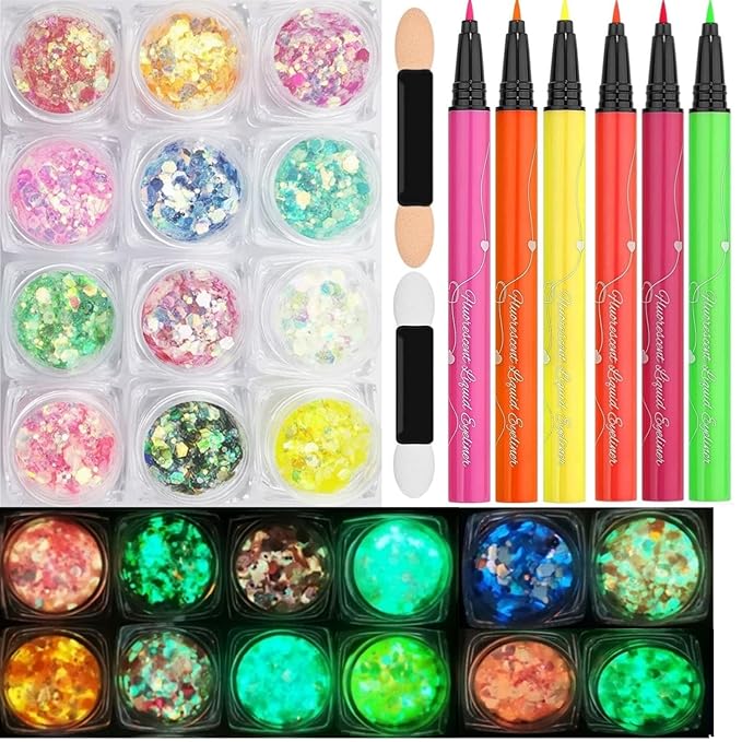 Glow in The Dark Glitter Gel with UV Neon Liquid Eyeliner Pen Set, Face Painting Makeup Kit, Christmas Mardi Gras Valentin...
