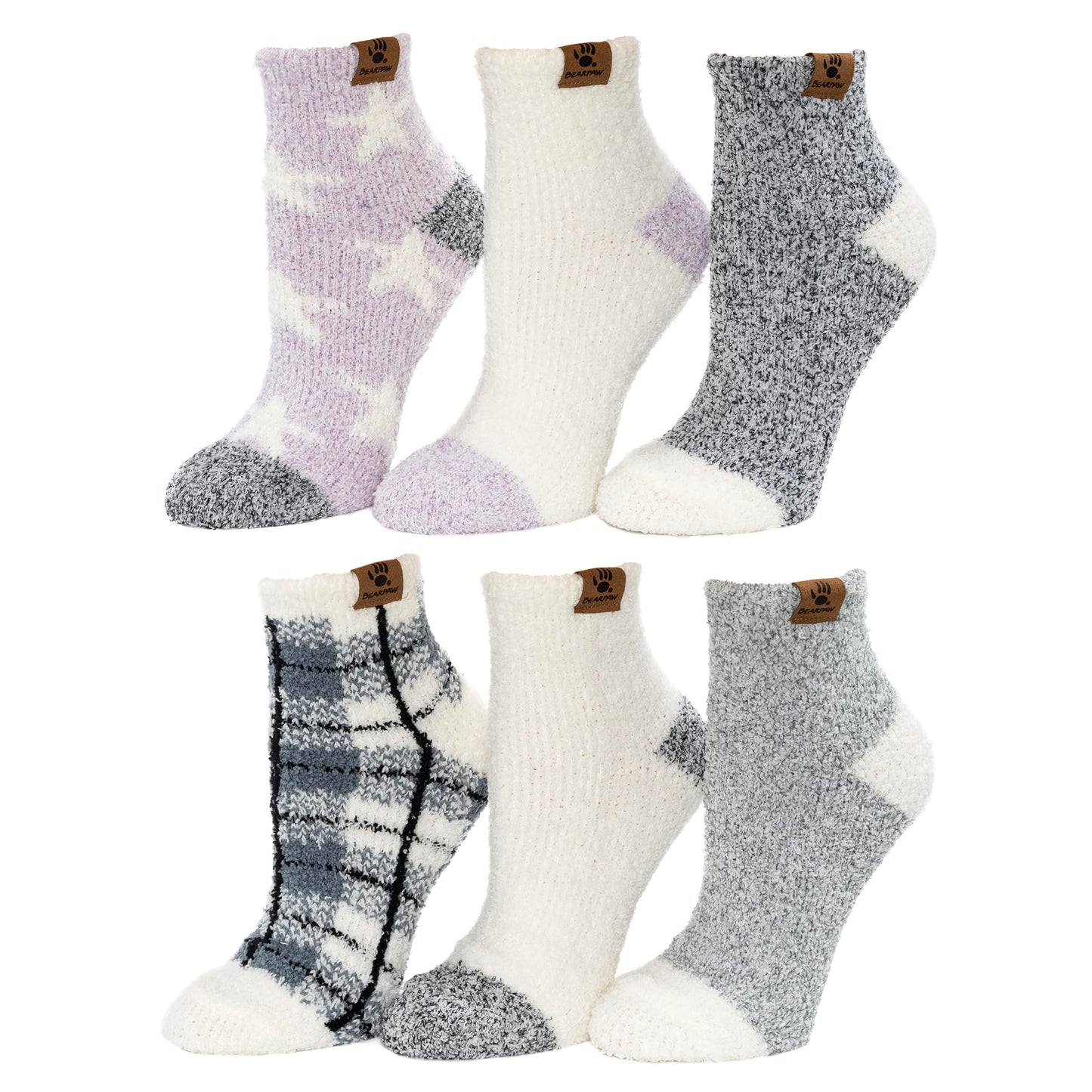 BEARPAW Ladies 6 Pair Pack Cozy Super Soft Warm Lounge Socks Multi Color Patterned Ankle and Low Cut Packs, Purple