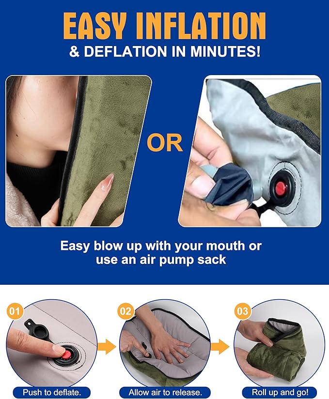 Kampair Ultralight Inflatable Camping Pillow for Sleeping – Soft Velvet Cover, Compact & Portable, Ergonomic Neck Support, Machine Washable Air Pillow, Perfect for Travel, Hiking, Backpacking – Green