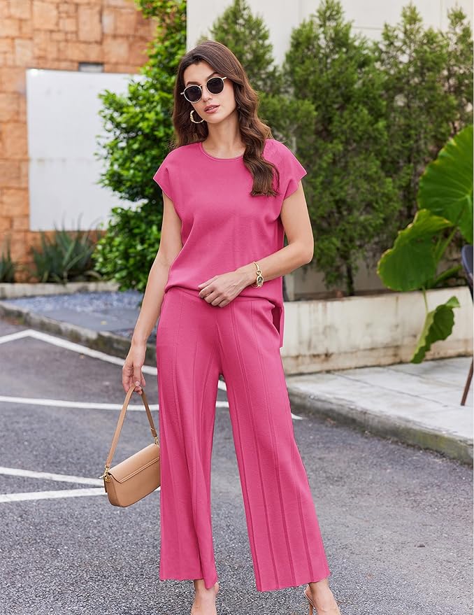 Ekouaer Lounge Sets for Women Two Piece Outfits Knit Cap Sleeve Tops Wide Leg Pleated Pants Casual Dressy Sweater Sets