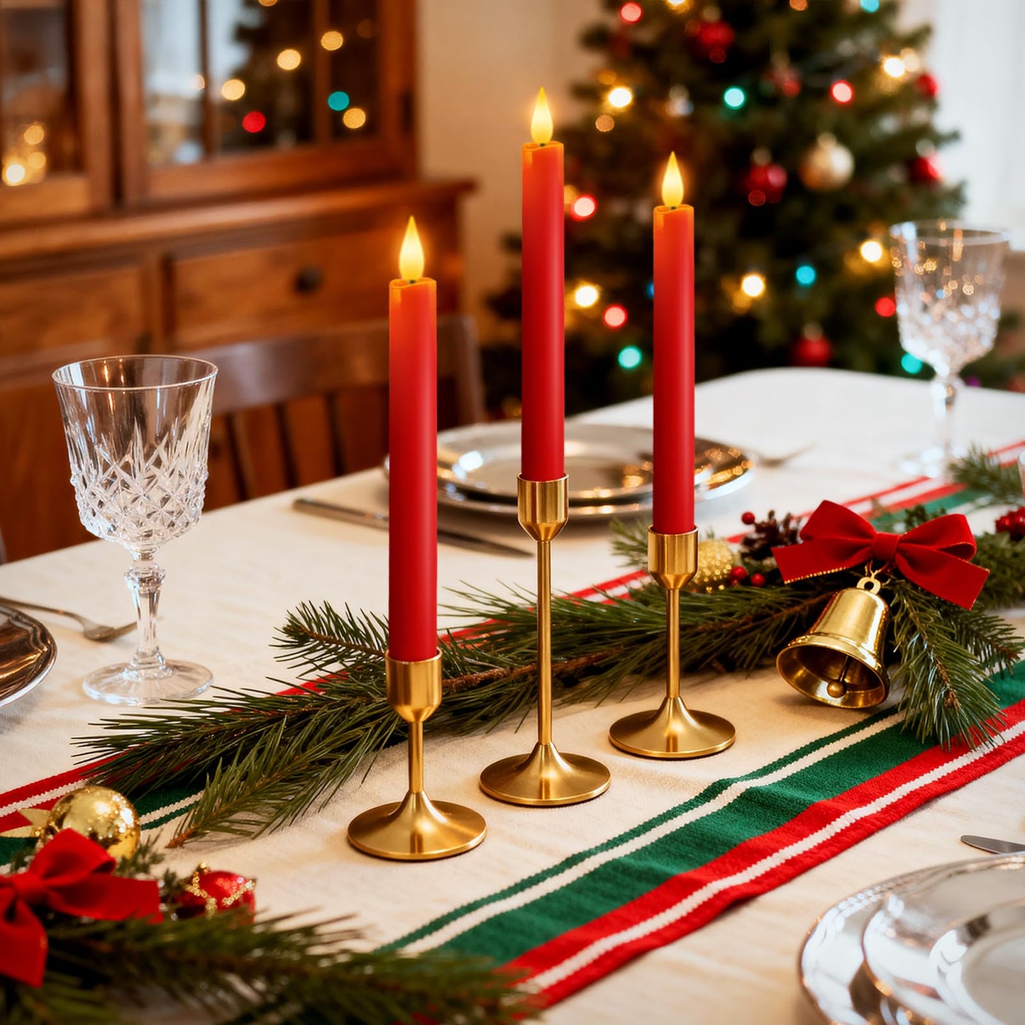 Homemory 6 Pcs Real Wax LED Red Flameless Taper Candles with Remote Timer, 9.6 Inches Fake Candlesticks, Dripless Battery Operated Window Candle with 3D Flickering Flame for Fireplace Xmas Decor
