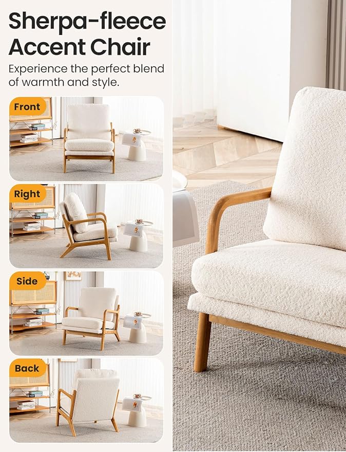 Mixcous Mid Century Modern Accent Chairs for Living Room, 23” Wide Comfy Chair for Bedroom, Small Cozy Sherpa Reading Chairs for Adults, 108° Lounge Arm Chair with Detachable Cover, 5.5" Foam Cushion