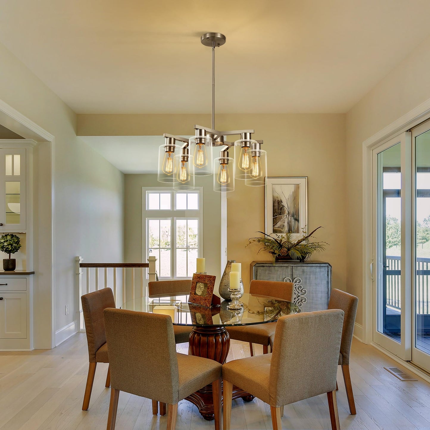 Kvaeavn 6-Light Modern Farmhouse Brushed Nickel Chandelier, Dining Room Light Fixture Over Table Adjustable Height Hanging Industrial Pendant Lights Kitchen Island, Clear Glass Shade