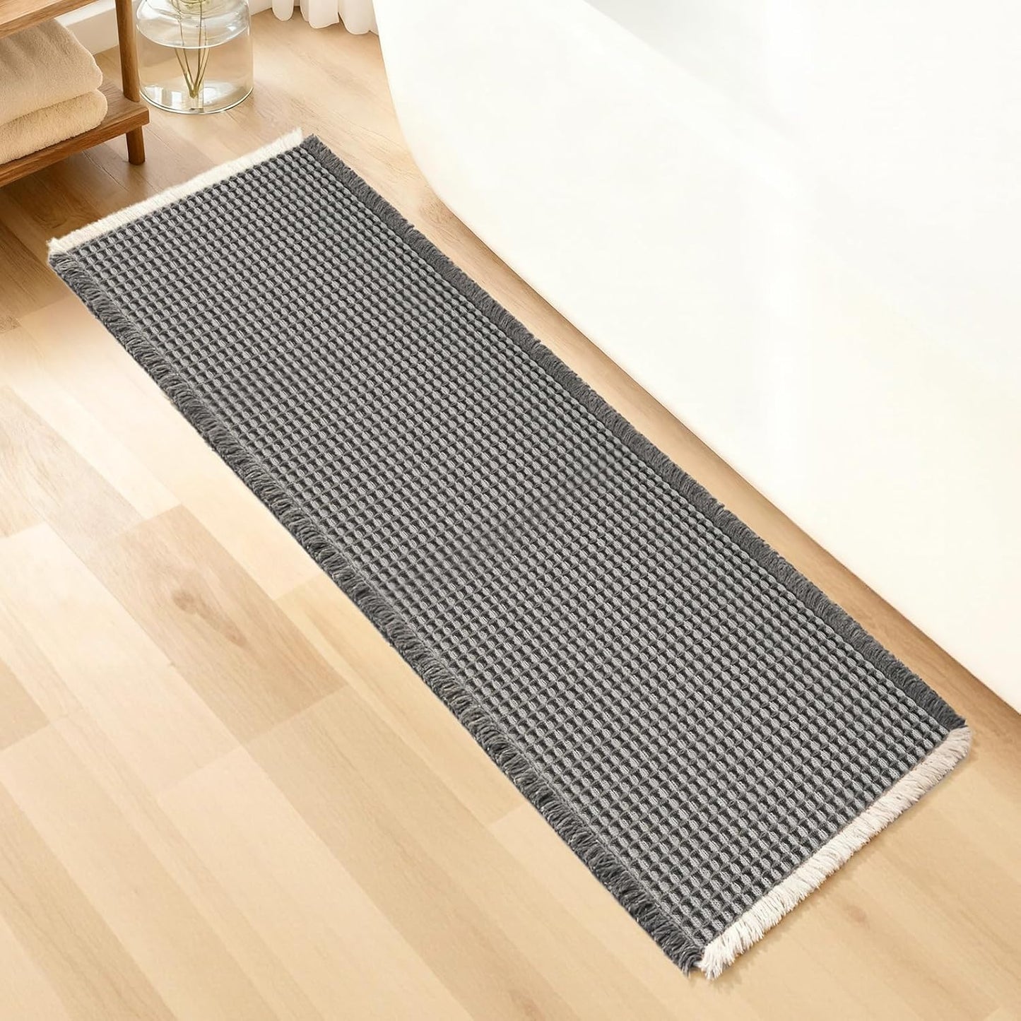 ArtyCozy Waffle Bath Mat, Super Absorbent Soft Non-Slip Boho Bath Rugs with Flat-Woven Hot Glue Backing for Bathroom, Machine Washable Bath Mats, 24" × 72", Grey & White